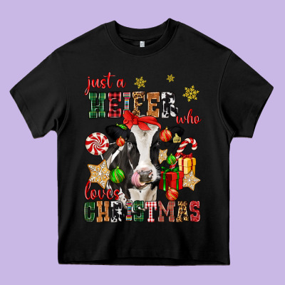 Just A Heifer Who Loves Christmas Cow Heavy Core Tee Designed By Cowgirlartshop