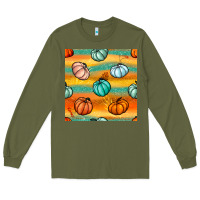 Army Green Pumpkin And Glitter Seamless Pattern Long Sleeve Tee - BundleAndBundleShop