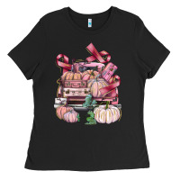 Black Breast Cancer truck with pumpkins Ladies Tee - FaDigitalArtStudio