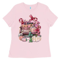 Bubblegum Pink Breast Cancer truck with pumpkins Ladies Tee - FaDigitalArtStudio