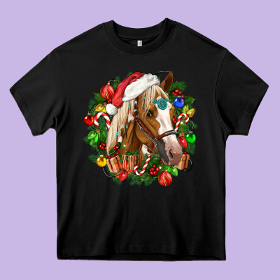 Horse Christmas Wreath Heavy Core Tee Designed By Cowgirlartshop