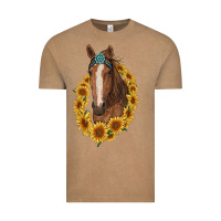 Vintage Coffee brown horse with gemstone and sunflowers Vintage Tee - RanaPortraitStore