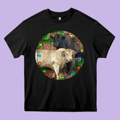 Christmas Charolais Bull And Black Angus Bull Heavy Core Tee Designed By Ranaportraitstore