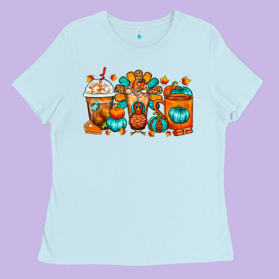 Thanksgiving Coffee Cups Ladies Tee Designed By Fadigitalartstudio