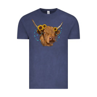 Vintage Denim highland cow with sunflowers turquoise Vintage Tee - RanaPortraitStore