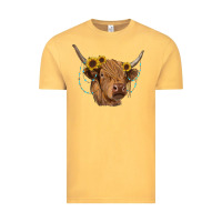 Vintage Mustard highland cow with sunflowers turquoise Vintage Tee - RanaPortraitStore