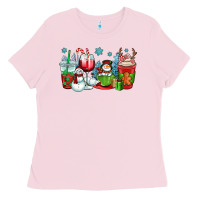 Bubblegum Pink christmas snowman coffee cups Ladies Tee - OliviaCreatesArt