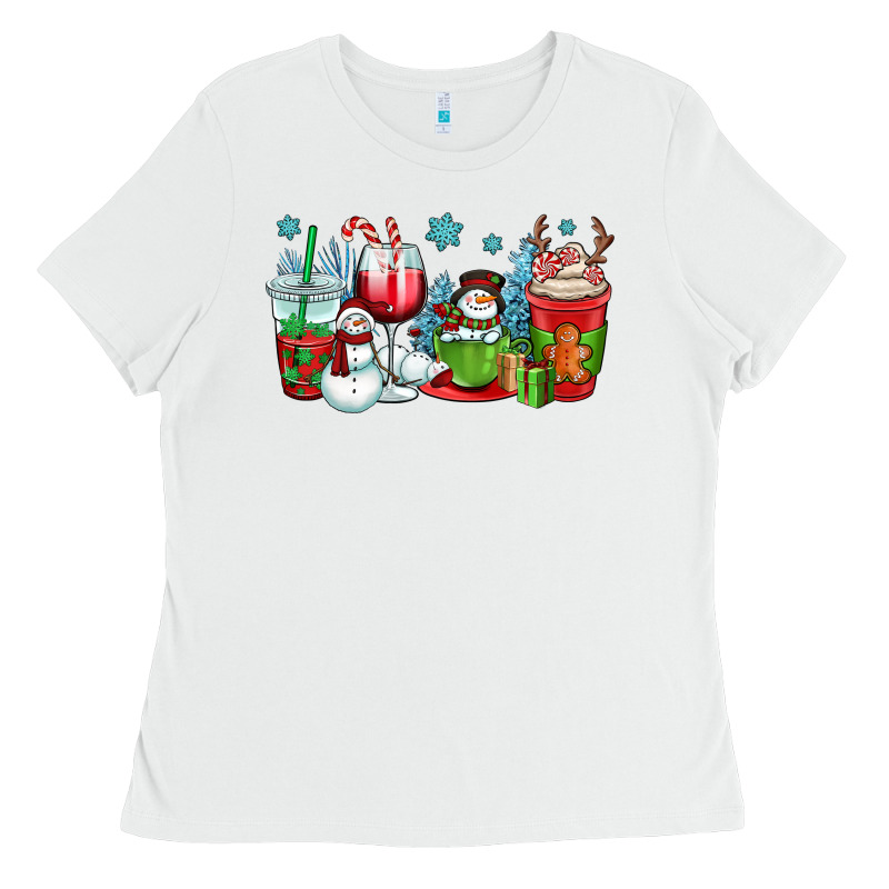 Christmas Snowman Coffee Cups Ladies Tee by OliviaCreatesArt | Teevron