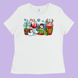 Christmas Snowman Coffee Cups Ladies Tee Designed By Oliviacreatesart
