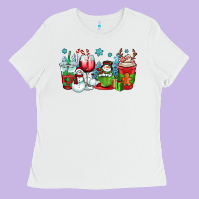 Christmas Snowman Coffee Cups Ladies Tee Designed By Oliviacreatesart