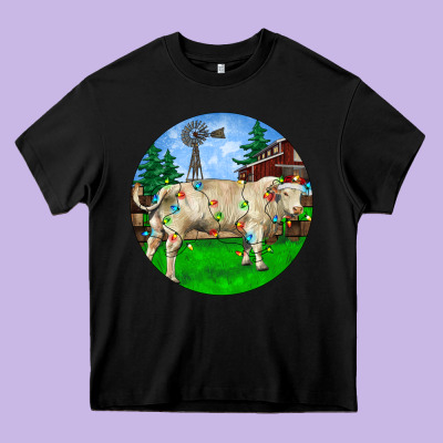 Christmas Charolais Bull And Barnyard Heavy Core Tee Designed By Ranaportraitstore