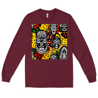 Burgundy african masks colorful seamless pattern Long Sleeve Tee - BundleAndBundleShop