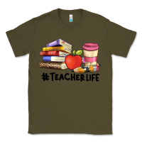 Army Green teacher life with books  pen and coffee Classic Tee - Artiststas