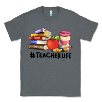 Charcoal Heather teacher life with books  pen and coffee Classic Tee - Artiststas