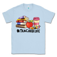 Dusty Blue teacher life with books  pen and coffee Classic Tee - Artiststas