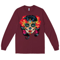 Burgundy sugar skull Long Sleeve Tee - BundleAndBundleShop