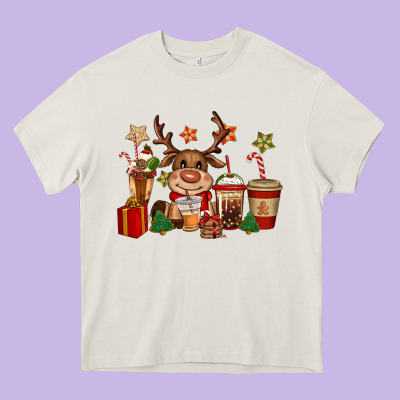 Reindeer Coffe Cups Christmas Heavy Core Tee Designed By Cowgirlartshop