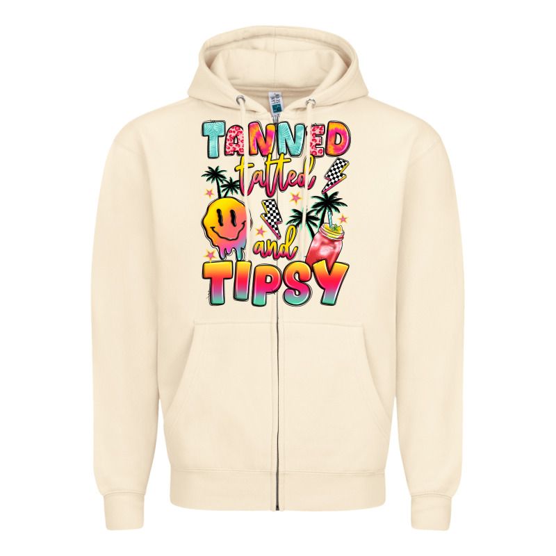Tanned Tattled And Tipsy Zipper Hoodie by JahusDesignShop | Teevron