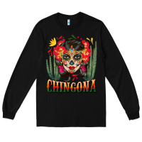 Black chingona sugar skull Long Sleeve Tee - BundleAndBundleShop