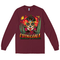 Burgundy chingona sugar skull Long Sleeve Tee - BundleAndBundleShop