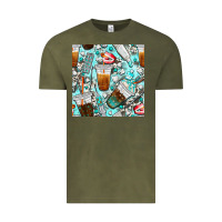 Vintage Olive dentist coffee cups toothpaste and teeth with cowhide seamless pattern Vintage Tee - BundleAndBundleShop
