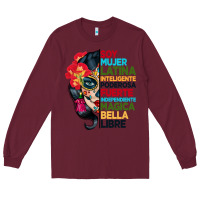 Burgundy sugar skull women hispanic heritage month Long Sleeve Tee - BundleAndBundleShop