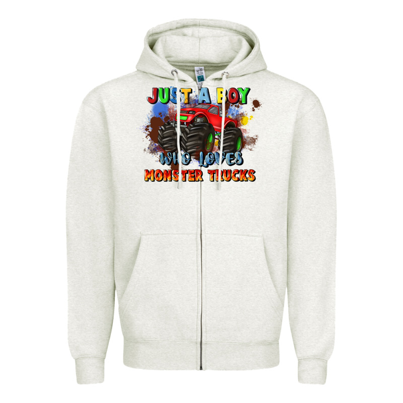 Just A Boy Who Loves Monster Trucks Zipper Hoodie by JahusDesignShop | Teevron