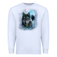 White t shirt, grey wolf hunting ground, icy moon, forest, galaxy Premium Sweatshirt - linhVisuals