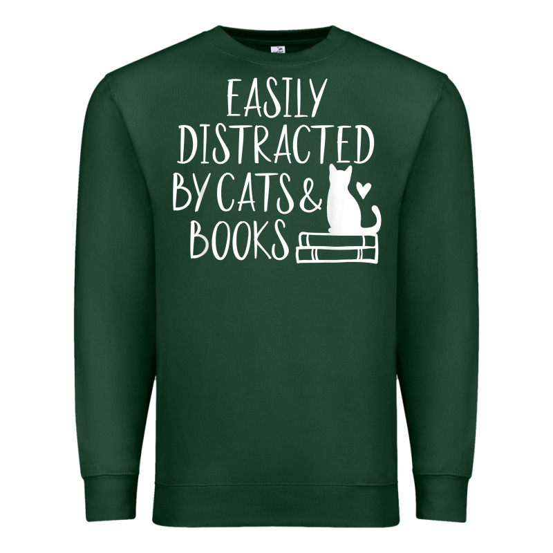 Easily Distracted By Cats And Books   Cute Book Lover T Shirt Premium Sweatshirt by linhVisuals | Teevron