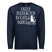 Navy easily distracted by cats and books   cute book lover t shirt Premium Sweatshirt - linhVisuals
