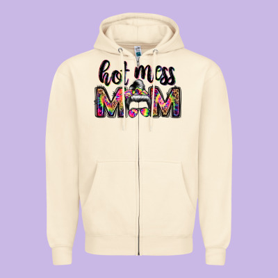 Hot Mess Mom Messy Bun Zipper Hoodie Designed By Jahusdesignshop