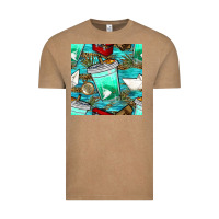 Vintage Coffee fish coffee cups and reeds with paper boat and leopard lake seamless p Vintage Tee - BundleAndBundleShop
