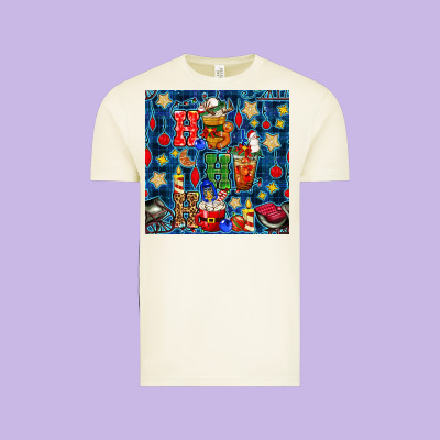 Christmas Ho Ho Ho With Coffee Cups And Ornaments With Plaid Seamless  Vintage Tee Designed By Bundleandbundleshop