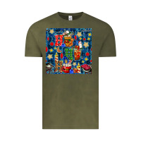 Vintage Olive christmas ho ho ho with coffee cups and ornaments with plaid seamless  Vintage Tee - BundleAndBundleShop