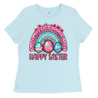 Baby Blue Happy Easter eggs rainbow Ladies Tee - OliviaCreatesArt