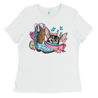White Easter cowboy boots hat Ladies Tee - OliviaCreatesArt