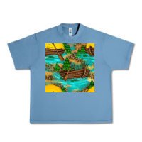 Pebble Blue Lake Boat Rudder And Sunflowers Seamless Pattern Urban Heavy Tee - BundleAndBundleShop