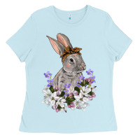 Baby Blue Easter Day Flowers bunny Ladies Tee - OliviaCreatesArt