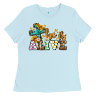 Baby Blue Easter Day He is alive with cross Ladies Tee - OliviaCreatesArt