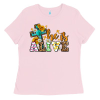 Bubblegum Pink Easter Day He is alive with cross Ladies Tee - OliviaCreatesArt