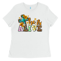 White Easter Day He is alive with cross Ladies Tee - OliviaCreatesArt