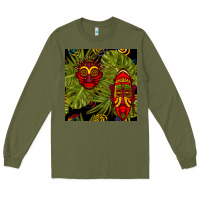 Army Green african masks and monstera leaf seamless pattern Long Sleeve Tee - BundleAndBundleShop