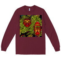 Burgundy african masks and monstera leaf seamless pattern Long Sleeve Tee - BundleAndBundleShop