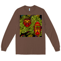 Chestnut african masks and monstera leaf seamless pattern Long Sleeve Tee - BundleAndBundleShop