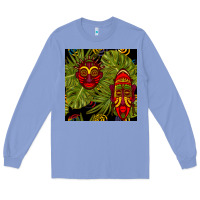Colony Blue african masks and monstera leaf seamless pattern Long Sleeve Tee - BundleAndBundleShop