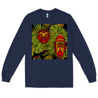 Navy african masks and monstera leaf seamless pattern Long Sleeve Tee - BundleAndBundleShop