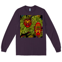 Plum african masks and monstera leaf seamless pattern Long Sleeve Tee - BundleAndBundleShop
