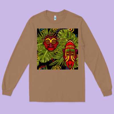 African Masks And Monstera Leaf Seamless Pattern Long Sleeve Tee Designed By Bundleandbundleshop