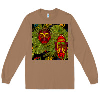 Toasted Coconut african masks and monstera leaf seamless pattern Long Sleeve Tee - BundleAndBundleShop