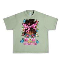 Oil Green Mom Is A Fighter And Afro Messy Bun Mom Urban Heavy Tee - BundleAndBundleShop